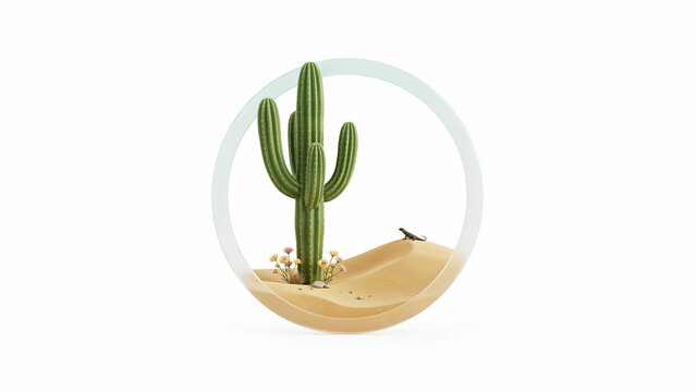 Illustration of a green cactus plant in desert landscape with small animal and sandy dunes inside circular frame