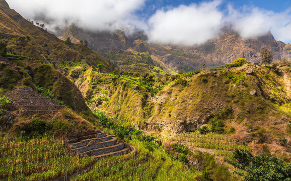 View of terraced fields on the steep slopes of Santo Antao mountains in Faja de Cima, Paul, Cabo Verde.