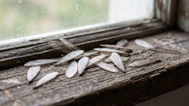 Discarded termite wings scattered on a weathered wooden windowsill after a swarm.