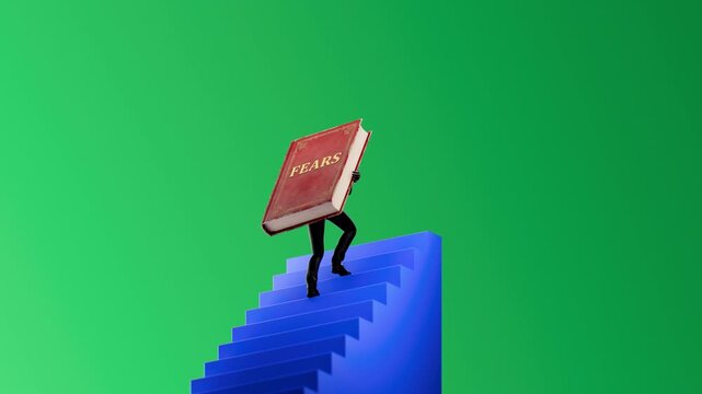 Man Carrying Book of Fears Up Stairs