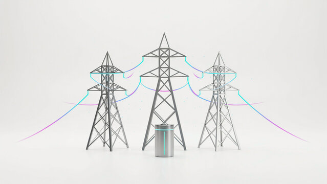 Modern electricity transmission towers with power lines and cylindrical transformer illustration on transparent background