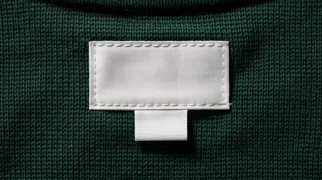 A clean mockup of a blank white clothing label tag stitched inside the neckline of a dark green sweater or t-shirt for brand identity design.