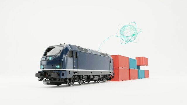 Modern freight train pulling colorful shipping containers on transparent background with global network illustration