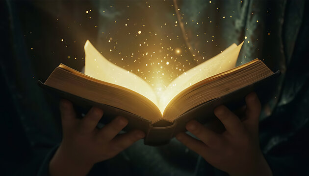 Glowing open holy book held by hands with magical light particles