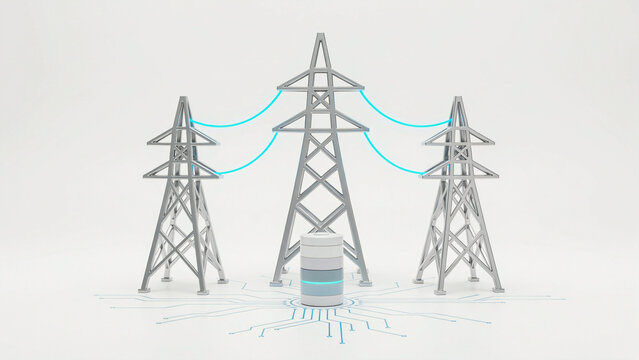 Modern illustration of power transmission towers connected by high voltage electric lines and network server symbol