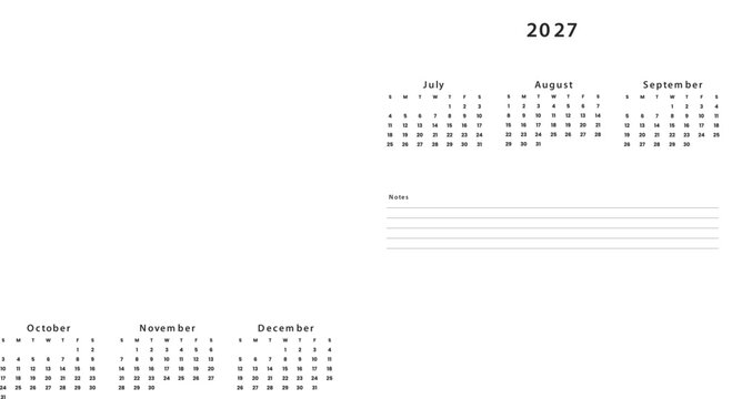Quarterly Calendar 2027 Q3 Template July August September