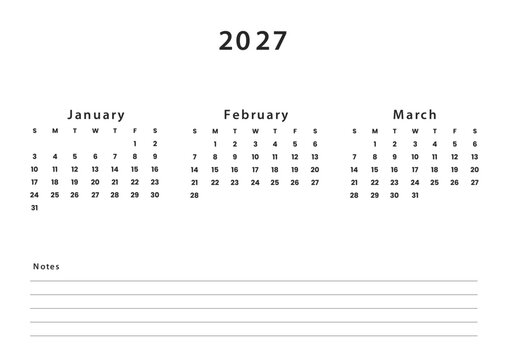 Quarterly Calendar 2027 Q1 Template January February March