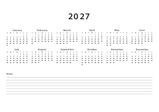 2027 Annual Calendar Horizontal Template Year at a Glance