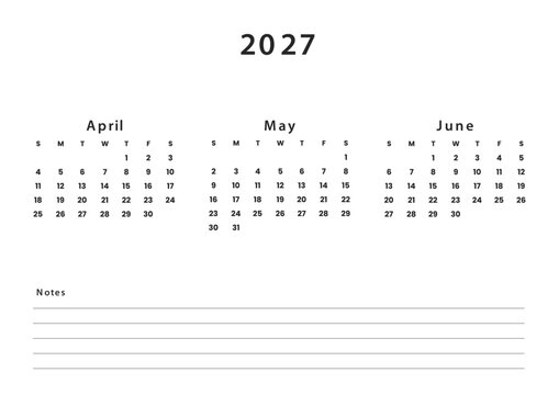 Quarterly Calendar 2027 Q2 Template April May June