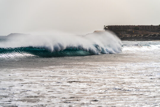 View of a powerful breaking wave at Playa de la Tejita with turquoise water, sea foam, and coastal buildings in the background in La Tejita, Canarias, Spain.