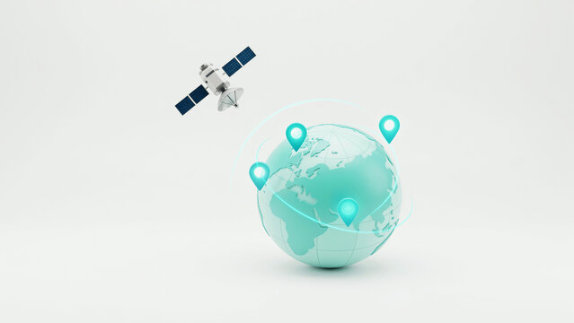 Modern satellite orbiting earth globe with location pins indicating global positioning technology