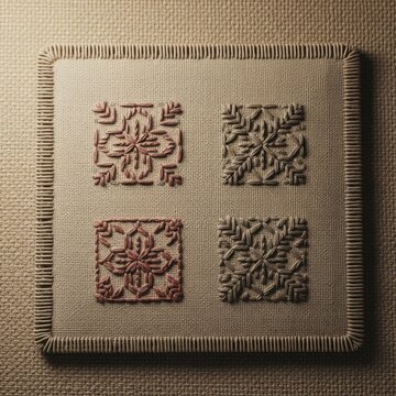 Intricate Hand-Stitched Embroidery Featuring Four Square Patterns on Textured Fabric Background