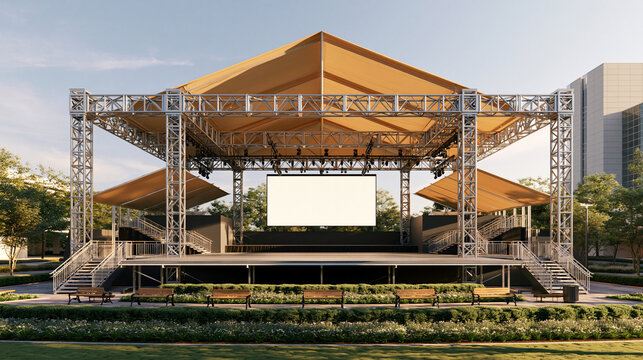 A clean 3D render mockup of an outdoor public event stage with a canopy roof, metal truss, and large blank screen in a park setting during sunset.