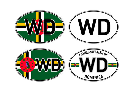 Dominica, oval international vehicle registration code license plate car sticker, vector illustration