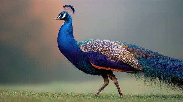 A vibrant peacock struts across a grassy field, showcasing its iridescent plumage