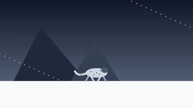 Leopard Walking Past Dark Geometric Mountains in Flat Vector Style