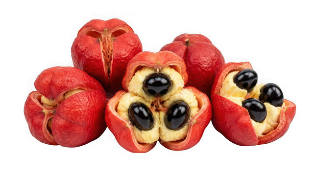 Ackee fruit with open red pods and black seeds isolated on transparent background
