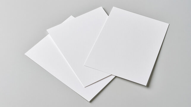 A clean flat lay mockup of multiple blank square white paper cards stacked on a neutral grey background for branding and corporate identity presentation.
