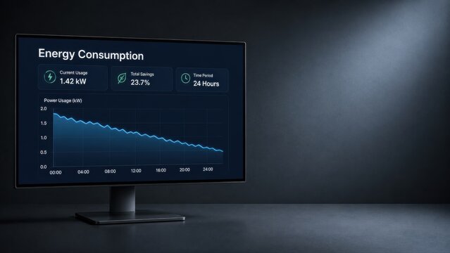 Monitor Showing Energy Consumption Dashboard With Power Usage Line Chart