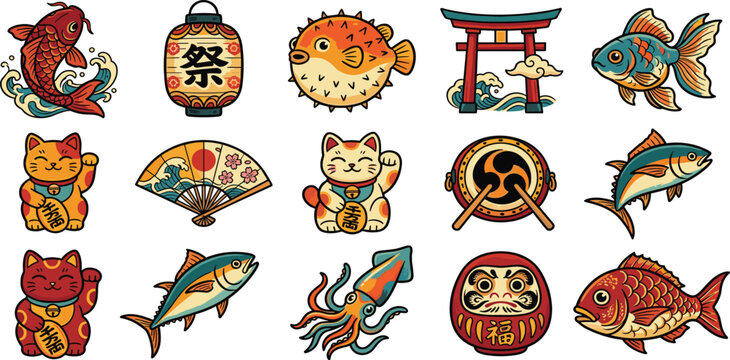 Japanese culture and traditional icon set with maneki neko cat torii gate daruma doll koi fish lantern