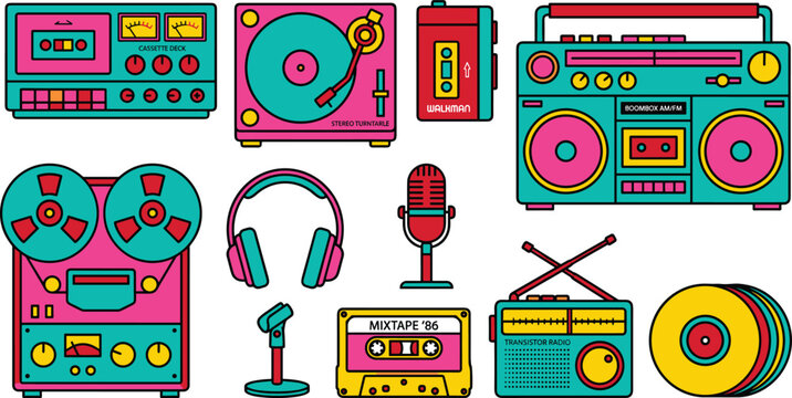 Retro 90s audio icon vector set with colorful boombox turntable cassette mixtape headphones and radio design