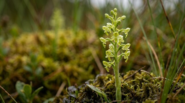 Botanical Close Up Macro Shot of Wild Green Bog Orchid Wildflower Details with Soft Focus Background background orchid bog orchid macro flower botanical nature flora wildflower plant close up detail