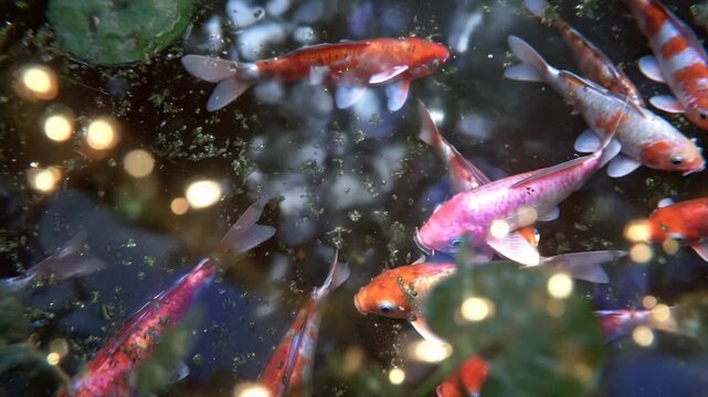 Overhead shot of colorful koi swimming in a pond with bokeh and green plant life