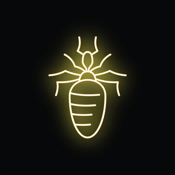 Neon yellow line art icon showing a bed bug on a black background
