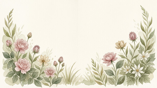 Delicate pastel wildflower border along the bottom of a warm cream background with generous copy space for invitations, stationery or romantic designs.
