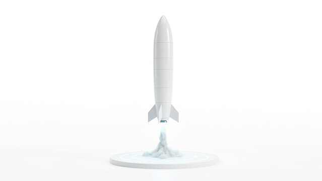 White 3D Model Rocket Launching From Base On Transparent Background For Science And Technology Visuals