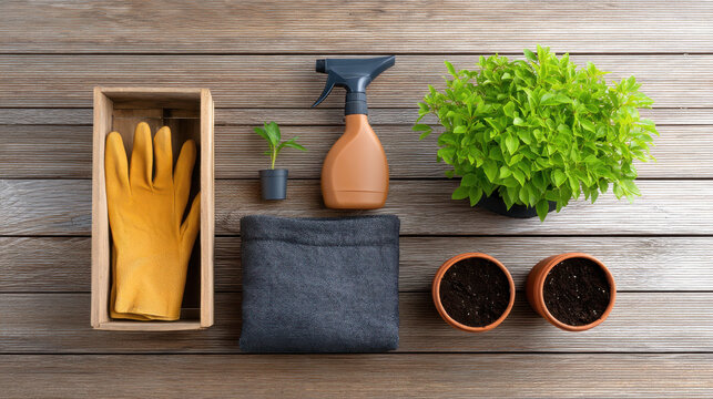 Indoor hydroponics garden setup with gloves, spray bottle, pots, and green plants on wooden balcony for home grow tech enthusiasts