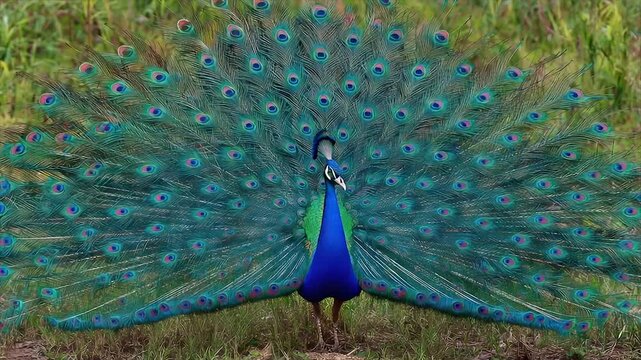 A vibrant peacock, its tail spread wide, showcasing intricate feather patterns