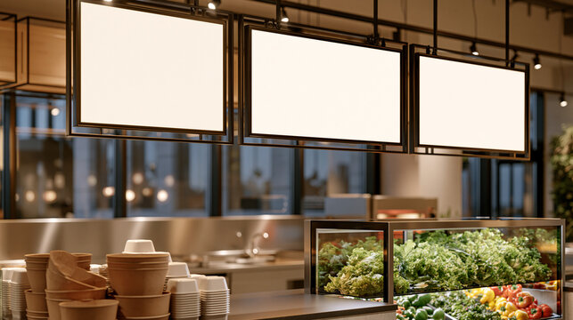Multiple blank horizontal screen digital menu board mockups hanging overhead in a modern grocery store or fresh food market with produce and bowls.
