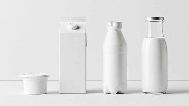 A blank white dairy packaging mockup set including a milk carton, glass bottle, plastic bottle, and yogurt cup isolated on a neutral studio background.
