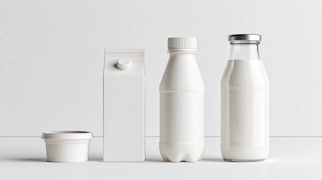 A blank white dairy packaging mockup set including a milk carton, glass bottle, plastic bottle, and yogurt cup isolated on a neutral studio background.