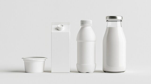 A blank white dairy packaging mockup set including a milk carton, glass bottle, plastic bottle, and yogurt cup isolated on a neutral studio background.