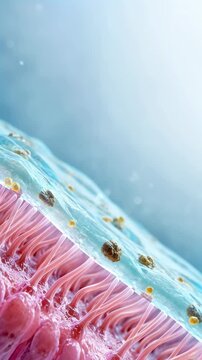 Microscopic intestinal barrier with particles on mucosal surface. Gut health research with copy space
