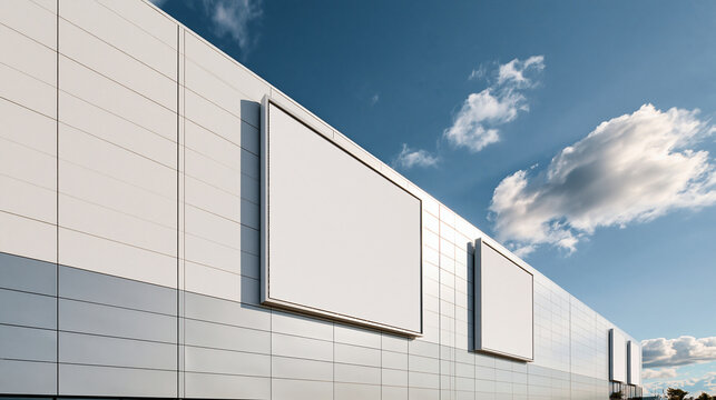 A blank horizontal billboard mockup mounted on the exterior tiled facade of a modern commercial building under a blue sky with fluffy clouds.