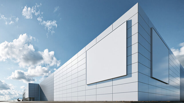 A blank horizontal billboard mockup mounted on the exterior tiled facade of a modern commercial building under a blue sky with fluffy clouds.