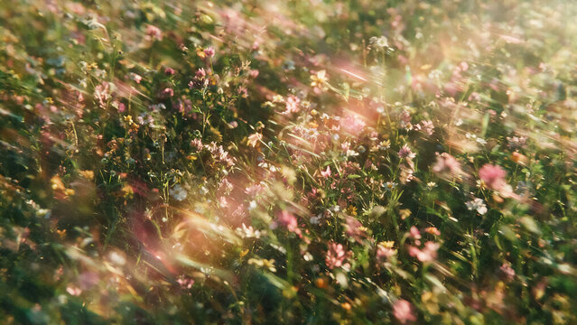 Dreamy motion blur background of a blooming wildflower meadow bathed in warm golden sunlight with lens flare.