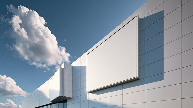 A blank horizontal billboard mockup mounted on the exterior tiled facade of a modern commercial building under a blue sky with fluffy clouds.