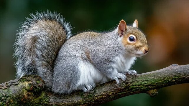 A fluffy squirrel sits on a mossy branch, with a detailed fur tail, amidst a blurred forest background