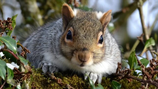 Close-up of a gray squirrel with alert eyes perched on a mossy branch among green foliage