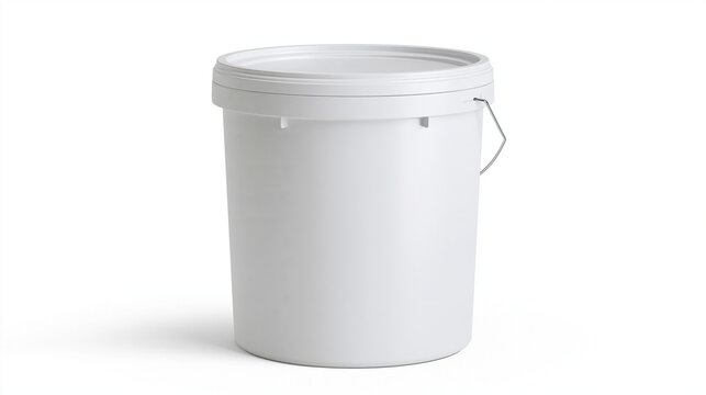 A blank white plastic bucket or pail with a lid and metal handle, isolated on a clean white background for packaging design mockup and branding presentation.