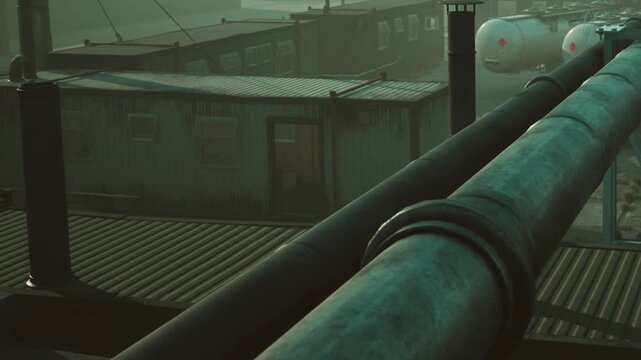 An industrial area with large pipes and metal containers. It is daytime, and buildings are visible in the background. The atmosphere is busy and functional.
