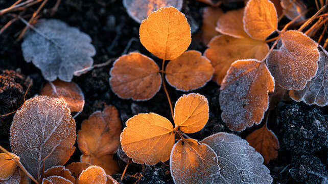 Frost covered orange autumn leaf on dark soil background. Frozen golden foliage in cold morning light with late fall texture. Seasonal nature change and first frost concept