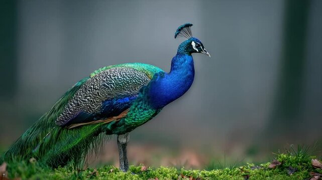A vibrant peacock stands proudly in a misty outdoor setting, showcasing its colorful plumage