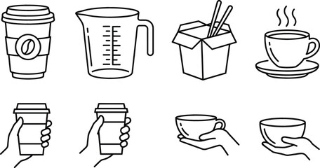 Fototapeta premium Coffee cup measuring jug food box and hand holding mug line art icons set vector cafe restaurant collection