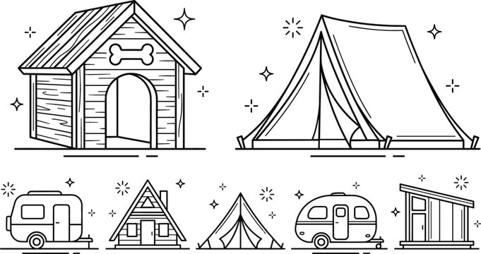 Camping tent dog house trailer and cabin line art icons set vector outdoor shelter collection isolated on white
