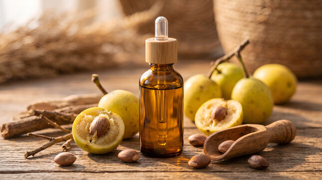 Amber glass dropper bottle with marula oil beside fresh African fruits on rustic wooden table